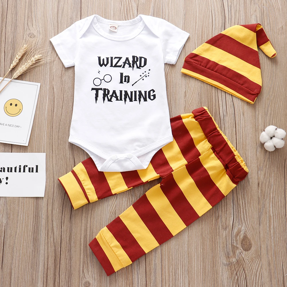 Newborn Baby Boy Clothes Outfits 3 Pieces Sets Little Wizard Tops+Pants+Hat Toddler Baby Boy Girl Clothing