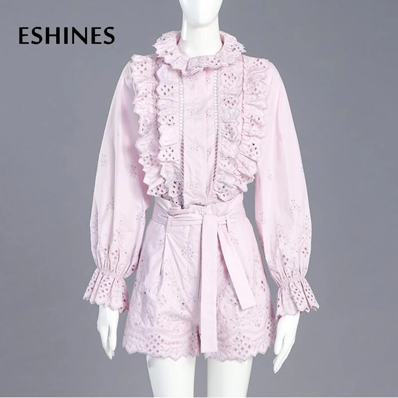 

ESHINES Autumn Sweet Pink Women Two Piece Of Sets Embroidered Hollow Out Ruffles Flare Sleeve Hidden Button Blouse +Loose Shorts