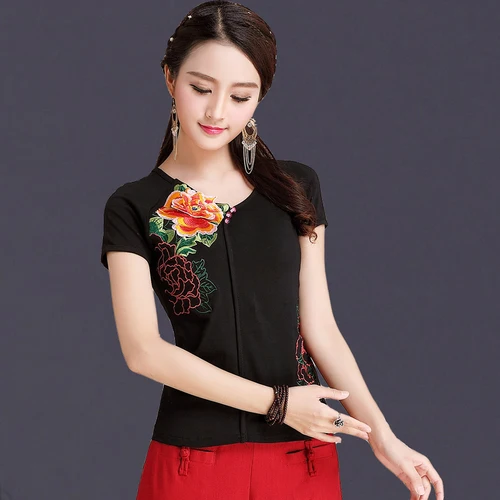 black short sleeve Женская летняя футболка в китайском стиле, футболка с вышивкой, топы, футболки, винтажная женская одежда размера плюс 5XL с круглым вырезом, Офисная Женская одежда - Цвет: black short sleeve