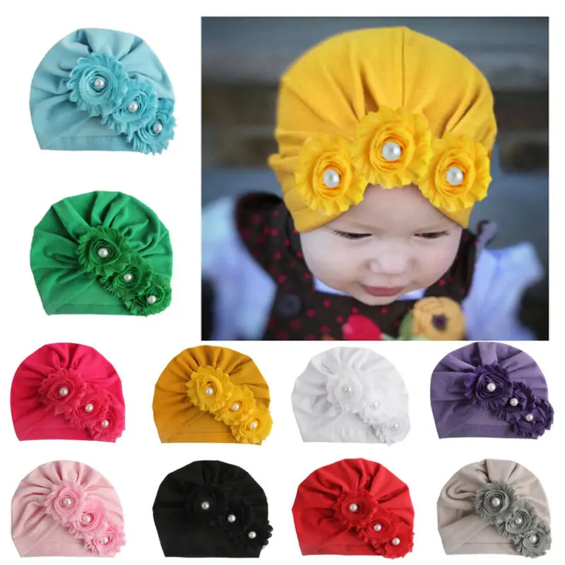 Infant Baby Girls Cute Lovely Floral Pearl Turban Hat Cotton Beanie Newborn Comfort Soft Warm Winter Cap | Аксессуары для одежды