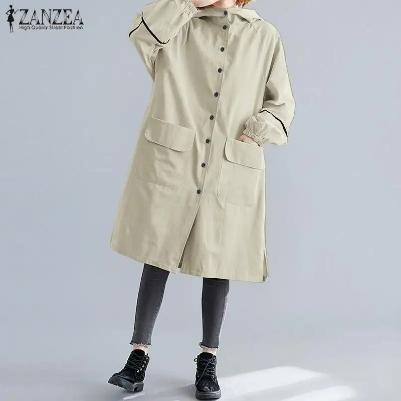 Модный длинный Тренч, женские толстовки, пальто, S-5XL, ZANZEA, осень, длинный рукав, ветровка, толстая, свободная, с карманами, верхняя одежда