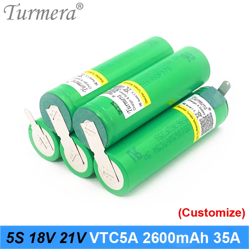 Turmera 18v battery pack us18650vtc5a 2600mah 18650 vtc6 35a battery pack for 18650 5s battery screwdriver battery 5s 18v 21 battery for vacuum cleaner customize 05