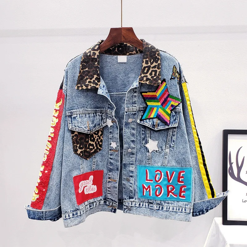 

Plus size Spring Women Leopard Splice Heavy industry Color sequin star Patch Letter Embroidered Denim jacket Streetwear 2020 New