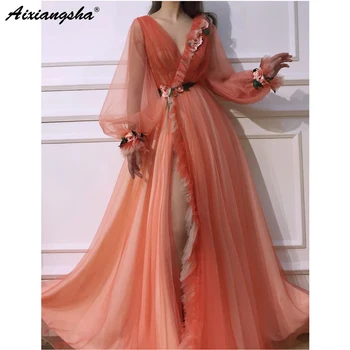 

Orange A Line Elegant V Neck Evening Dresses Long Split Front 3D Flowers Party Dress Robe De Soiree Backless Formal Gowns