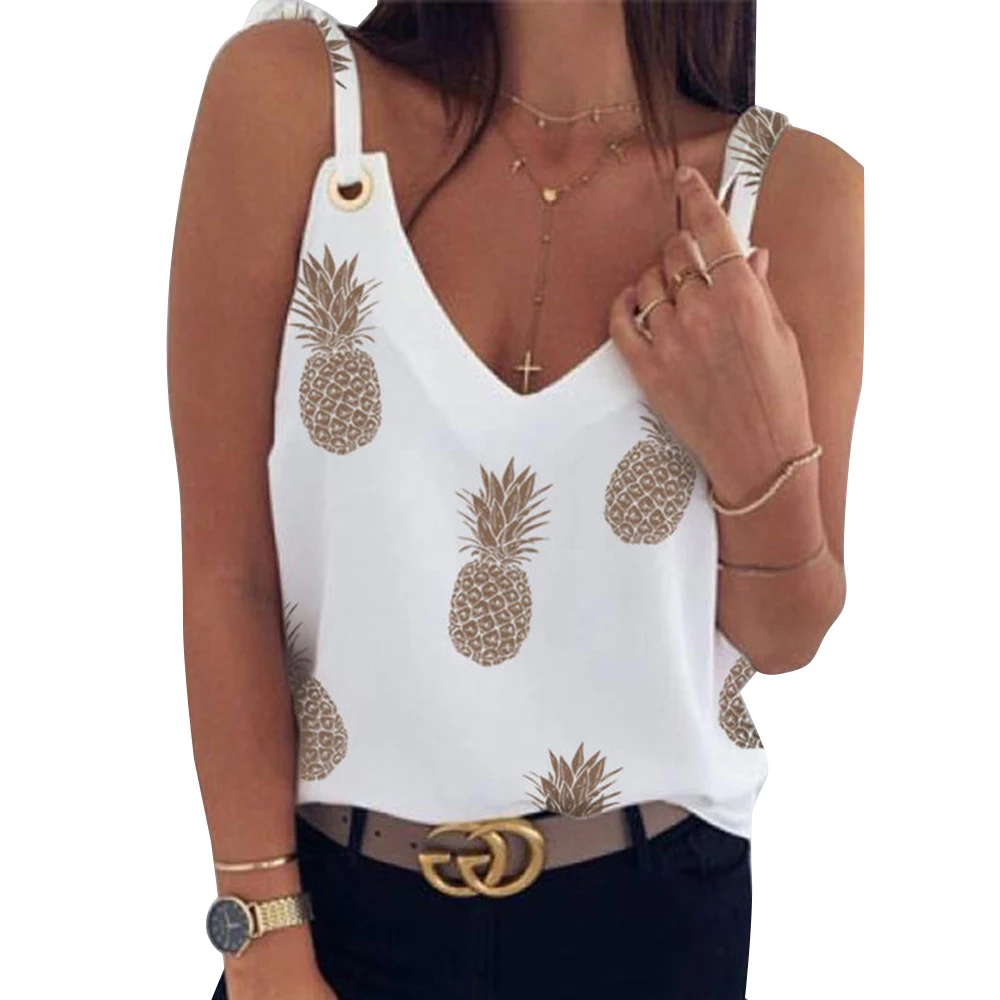 Camisole Tank Tops Women Pineapple Print Female Casual Loose Deep V-Neck Sexy Clothes Summer Sleeveless Camis Q30 | Женская одежда