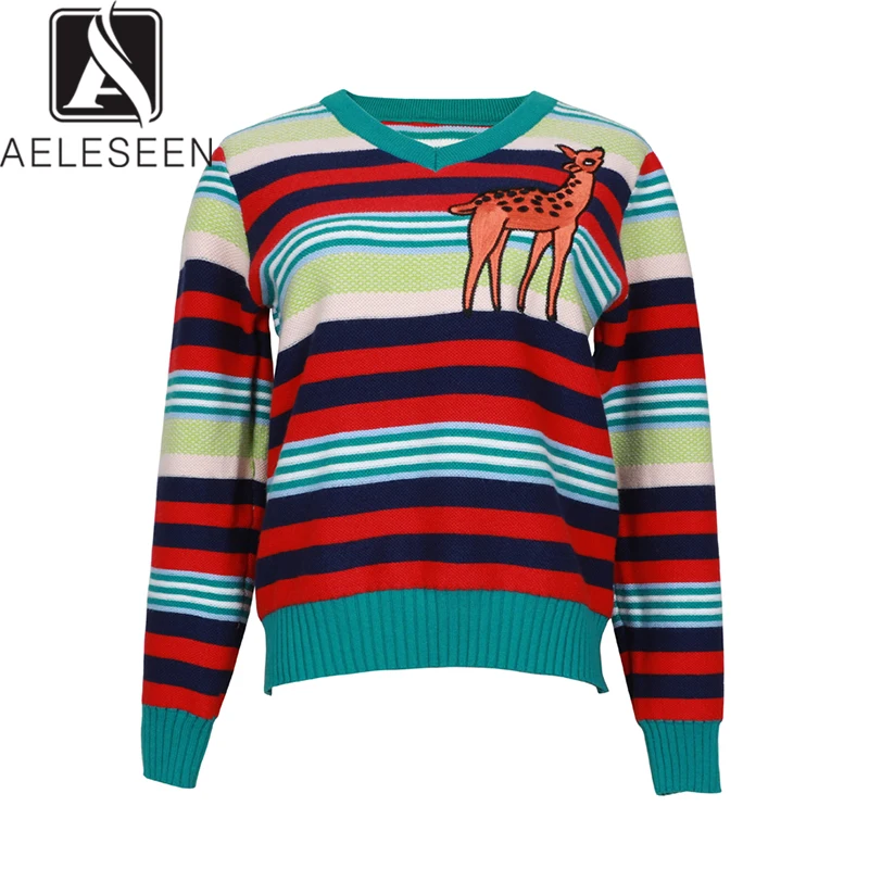 

AELESEEN 2020 New Fashion Colorful Striped Knitting Women English Style Cute Fawn Pattern Elastic High Quality Cotton Sweater