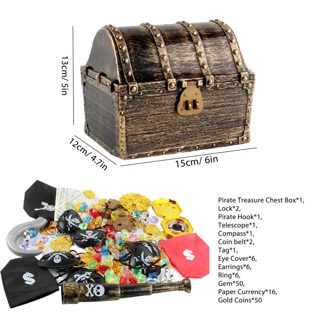 143pcs Kid Pirate Chest Box Golden Box Toy Kit Pirate Eye Sticker Retro Chest Children's Treasure HuAnt
