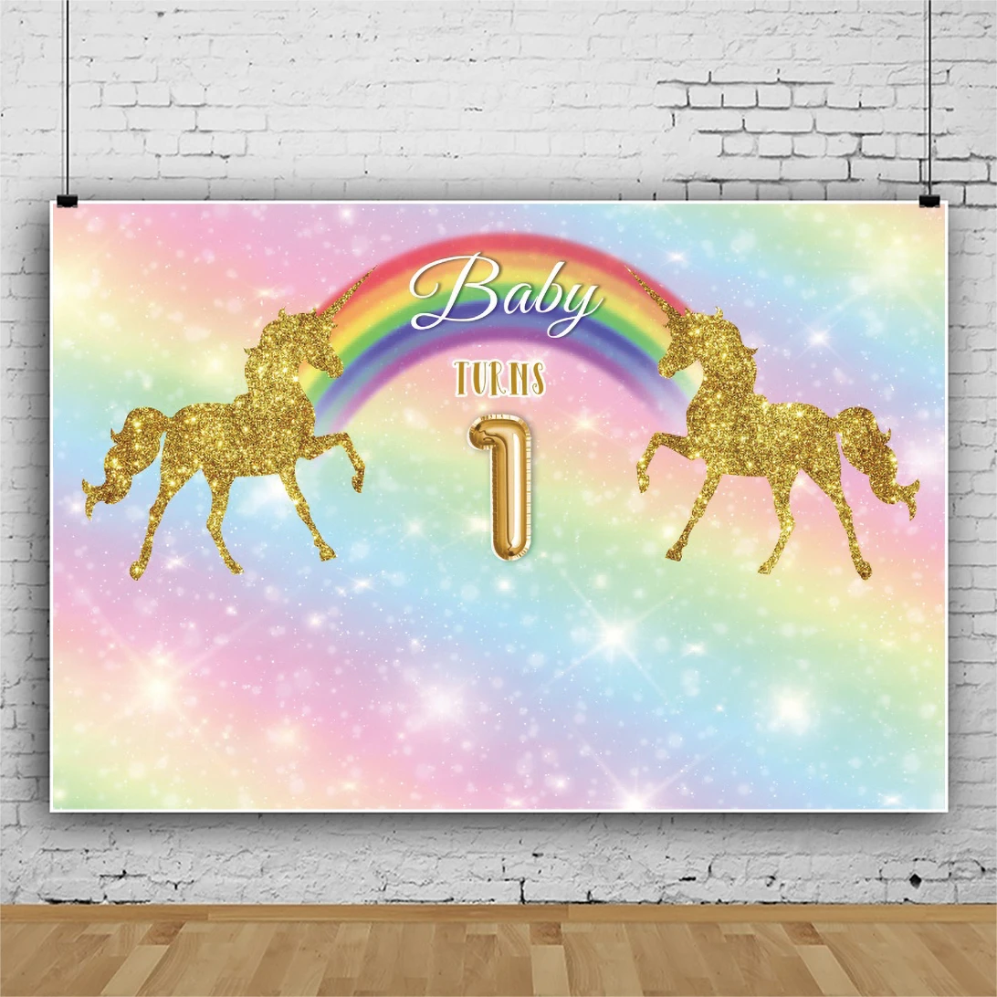 

Laeacco Baby Turns 1 Rainbow Gold Unicorn Shiny Star Birthday Party Background Portrait Personalized Poster Photography Backdrop