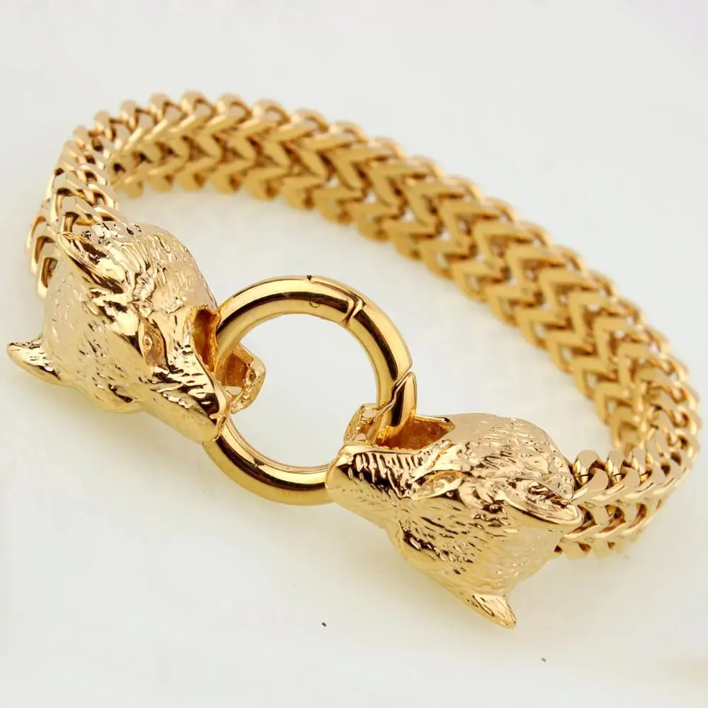 Шикарные крутые мужские браслеты с волками, модная коробка с двойной насечкой, цепочка 12 мм, браслет из нержавеющей стали, животное золотого цвета