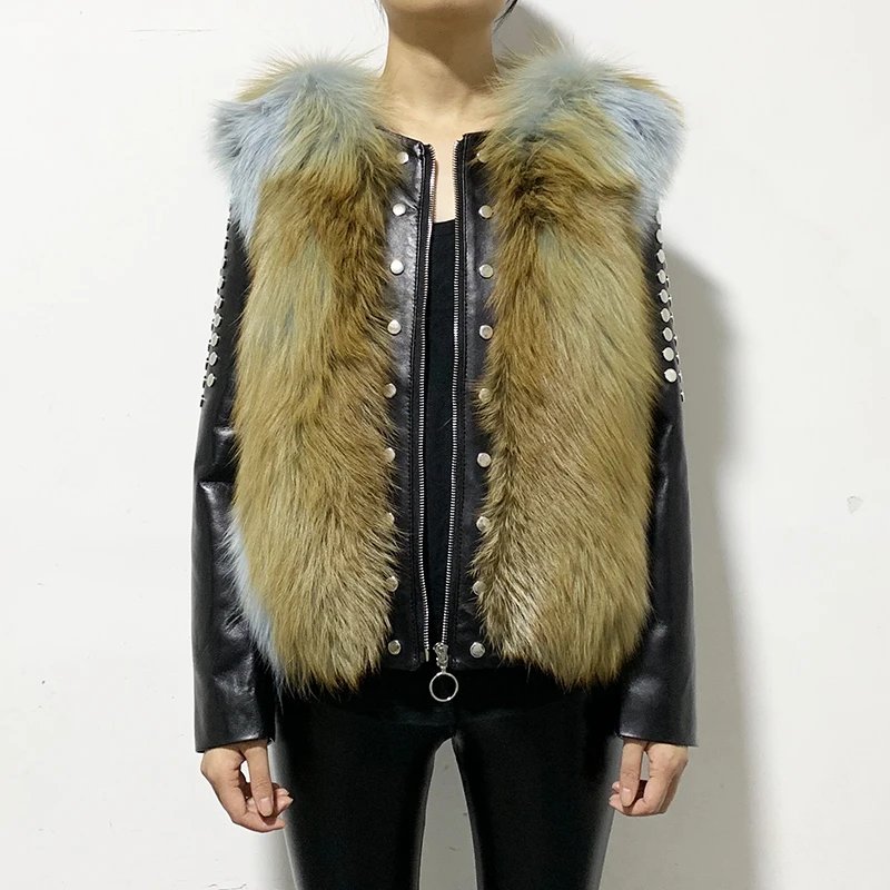 Rf2055 короткие Стиль Натуральная овечья кожа куртка из меха черно-бурой лисицы модные мотоциклетные кожаные пальто для женщин
