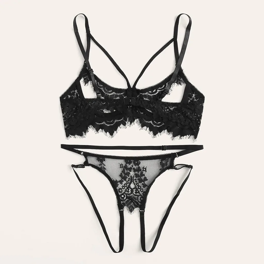 Women Sexy Lingerie Set Black Corset Floral Lace Patchwork Hollow Out Sexy Sleepwear Set Underwear Tops+Briefs Lenceria Mujer