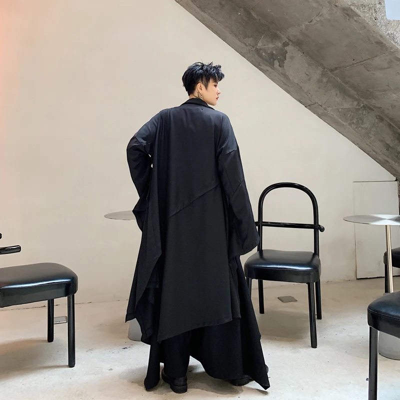 Men Punk Gothic Cardigan Irregular Splice Loose Casual Black Long Windbreaker Jacket Male Japan Streetwear Hip Hop Trench Coat