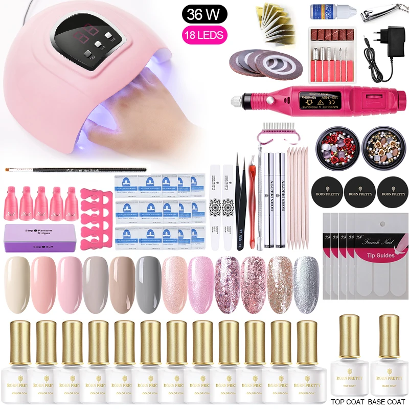 

BORN PRETTY Nail Gel Set Choose 12/10 Colors Gel Nail Polish 6ML Base Top Coat 36w/45w/54w UV Led Lamp Electric Nail Art Tools