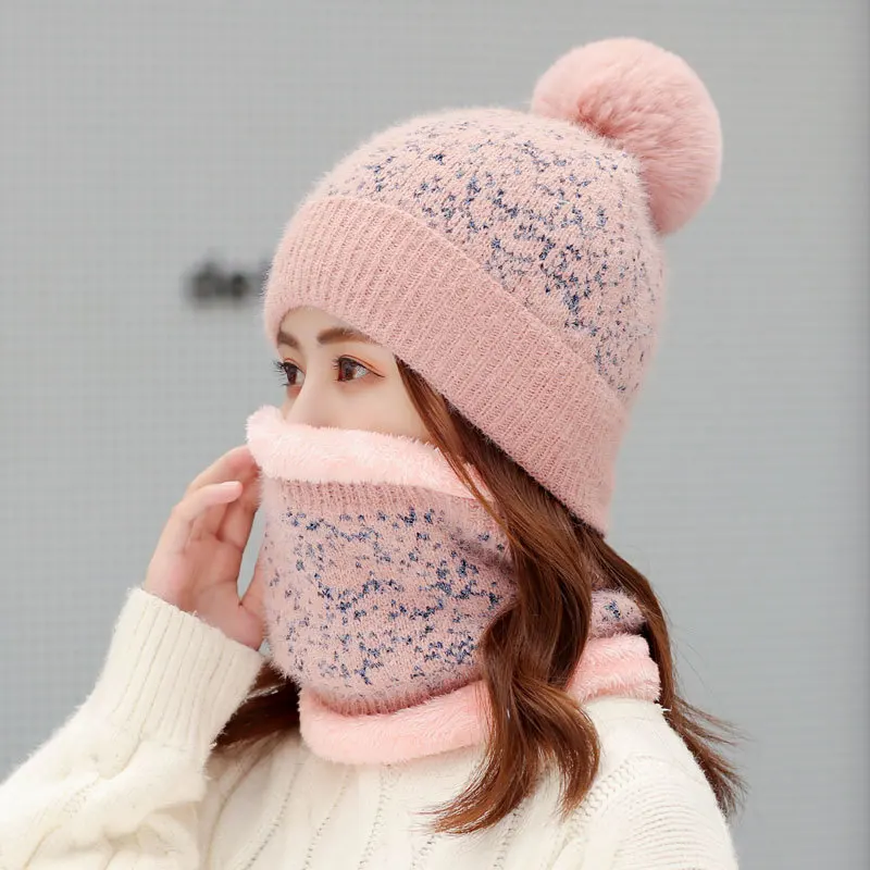 pink Новые зимние женские комплекты с бархатной шапочкой, вязаный шерстяной Теплый шарф для девочек, помпоны, шапочки, шапка, толстая ветрозащитная шапка, шарф, комплект для женщин - Цвет: pink