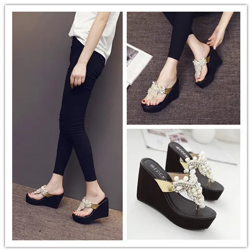 

Korean-style Summer Style Platform Shoes Man-made Diamond Beaded Bracelet Slipper Split Toe Flip-flops Thick Bottomed High-heele