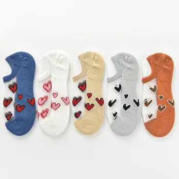 

SP&CITY 5 Pairs Summer Heart Print Mesh Socks Women Cute Emoji Transparent Thin Ankle Socks Cartoon Hollow Out Short Sock Female