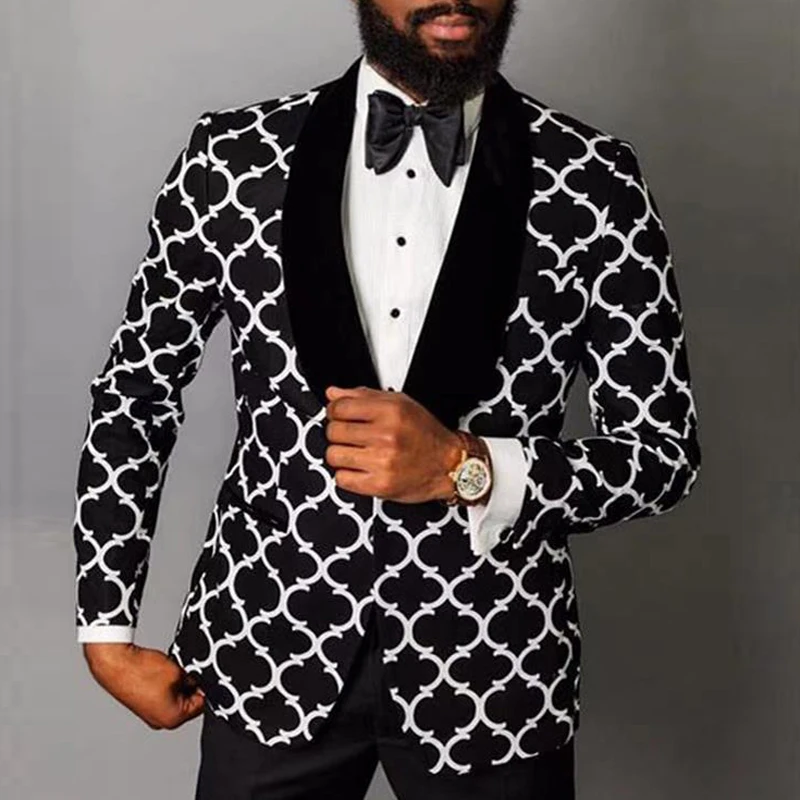 Men Blazers England Retro Pattern Print Casual Suit Blazer Spring Turn-down Collar Business Outwear Autumn Single Button Man Jacket Coat