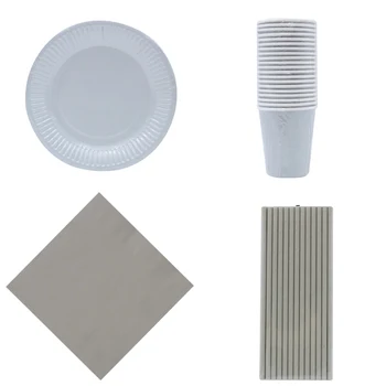 

Disposable Tableware Set Solid Color Gray Cups Wedding Birthday Party Supplies Paper Straws Plates Napkins Baby Shower Favors