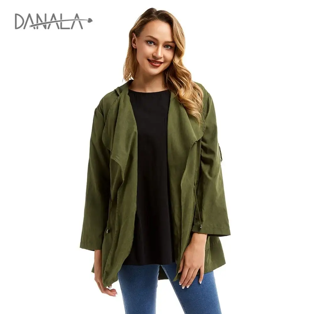 DANALA, модная куртка с капюшоном для женщин, новое пальто с большим карманом и отворотом, Утягивающее талию, армейское зеленое шикарное Женское пальто