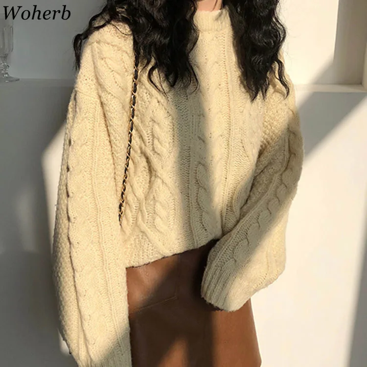 Woherb Pull Femme однотонные Цвет с длинными рукавами и круглым вырезом пуловер с косами Винтаж комбинезоны свободного кроя в Корейском стиле новые модные Sueter 90970
