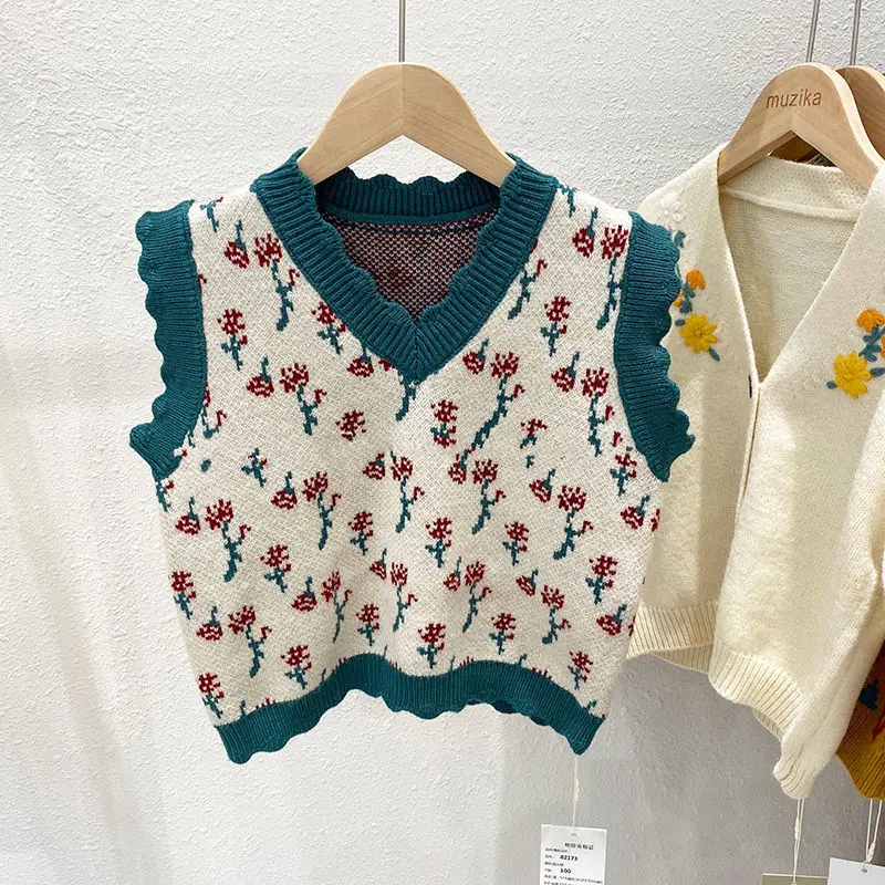 

2021 Autumn Spring Girls Fashion Floral Sweaters Kids Korean Design Knitted Sweaters Vest Floral V-neck Tops Wavy Edge Loose Cl