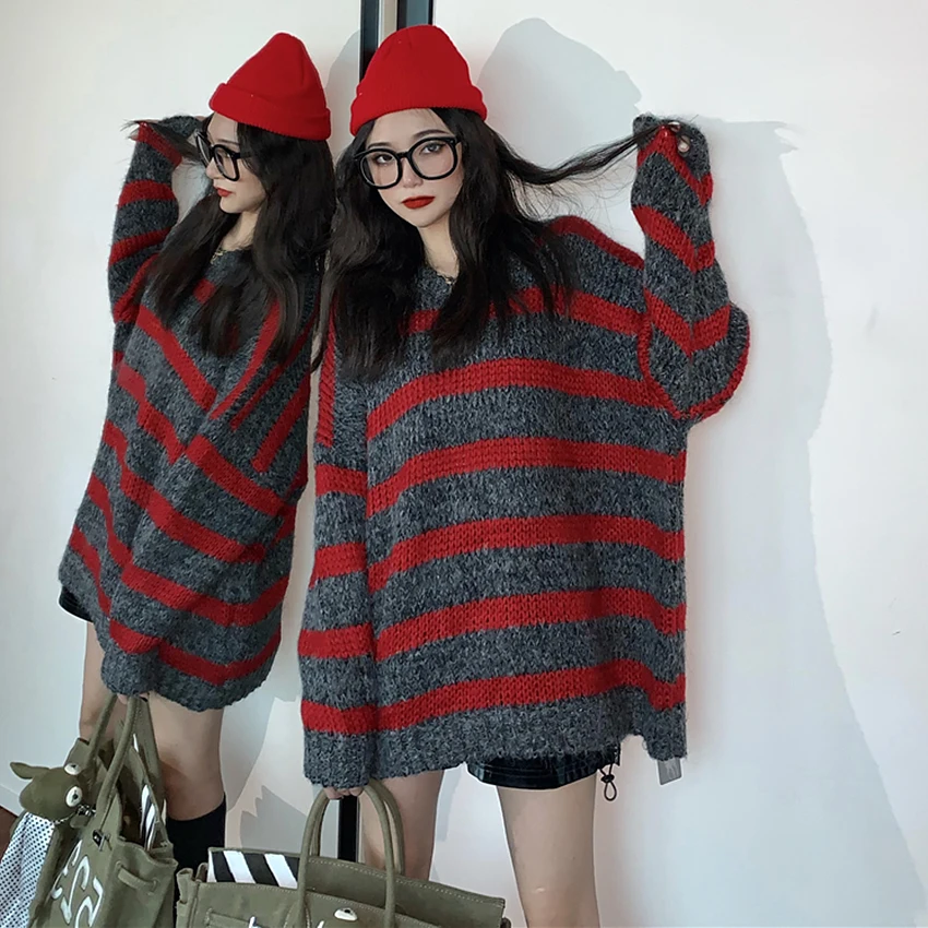 Осень-зима Для женщин полосатые свитеры с круглым вырезом, пуловер с длинными рукавами базовый свитер уличная джемпер свободные свитера pull femme