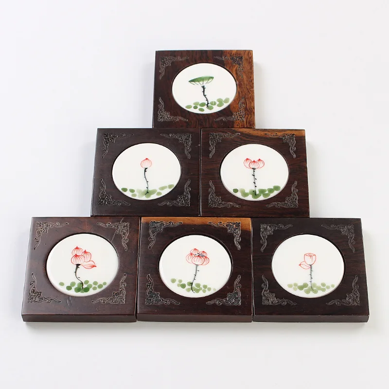 

Heng cheng Tea Set Ebony Ceramic Cup Mat Square Solid Wood Japanese Style Tea Cup Insulation Pad Cup Saucer Tea Ceremony with Ze