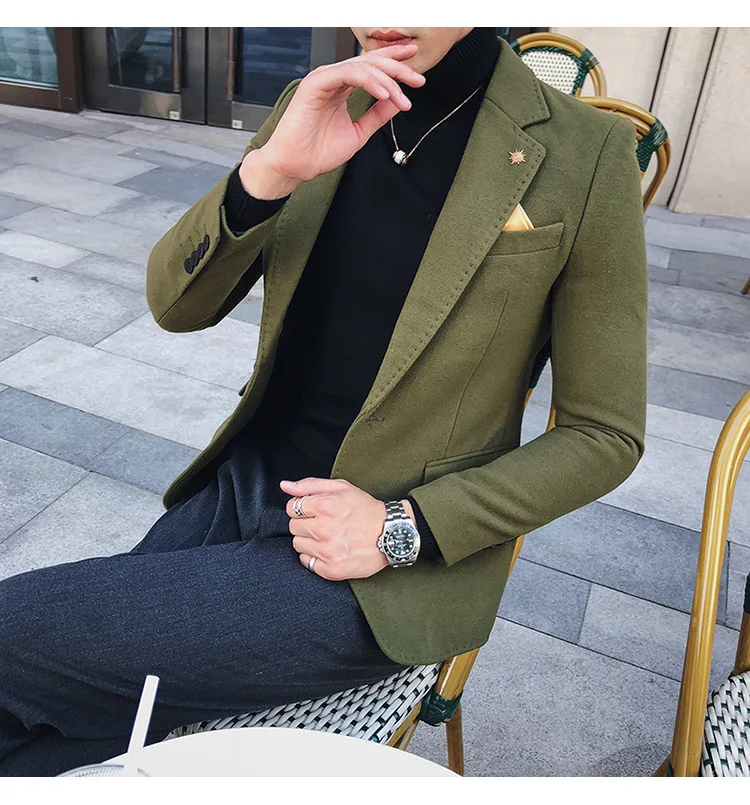 Блейзер однотонного цвета мужской черный хаки зеленый блендер мужская осень-зима пиджак на одной пуговице куртка рубашка высокого качества