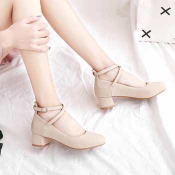 

2020 Spring and autumn high heels 4cm thick with round head cross straps student 33 apricot middle heel lady sweet lolita shoes