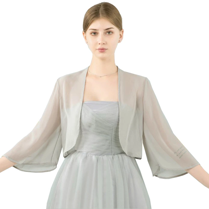Серый champagne red black pink gray Wedding Jackets Wraps Chiffon Shrug Bridal Bolero Jacket Coat 3/4 Length cap Sleeve Women Belero - Цвет: Серый