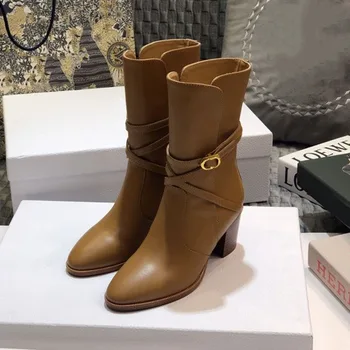 

Pointed Toe Boots Autumn Brand Design Women Shoes High Heels 7cm Mid-Calf Female Boots