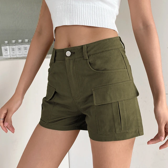 Pantalones cortos estilo Vintage para mujer, Shorts cintura con múltiples bolsillos, color verde militar, Y2K, Y2K, 2000 -
