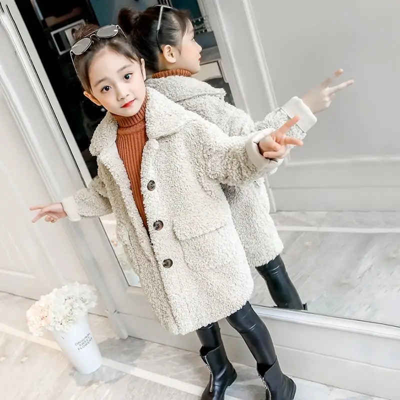 Коллекция года, осенне-зимняя утепленная одежда для маленьких девочек флисовая куртка с искусственным мехом для девочек Детская Повседневная Верхняя одежда с лацканами, пальто, V27 - Цвет: beige