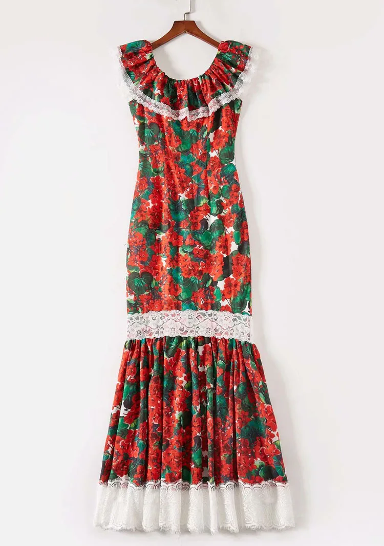 LD LINDA DELLA Fashion Runway Summer Maxi Long Dress Women's Lace Ruffles Floral Print Elegant Holiday Mermaid Party Dress Gown