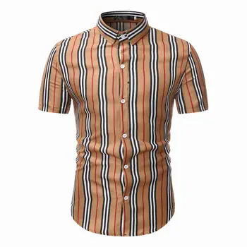 

2020 Summer Mens Short Sleeve Vertical Stripes Shirts Casual Slim Fit Button Down Shirt Fashion Tops Mens Chemise Homme 3XL