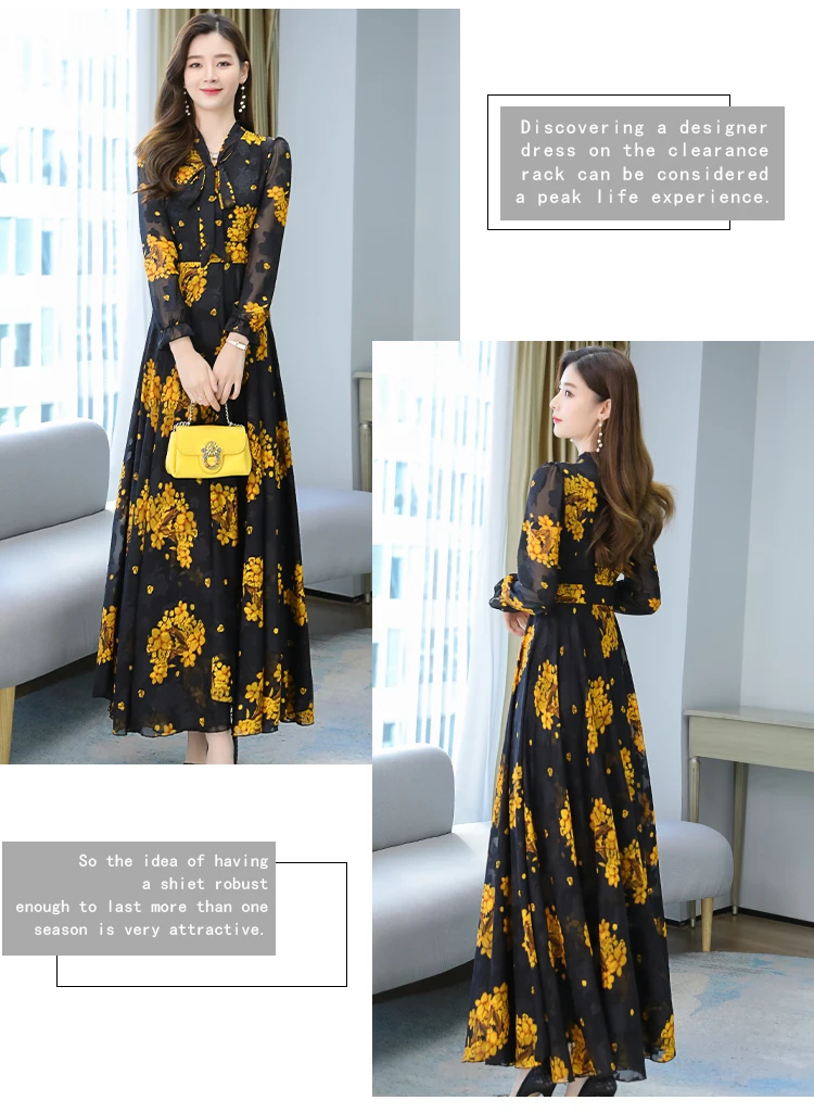 2021 New Spring And Autumn Dress Black And White Apricot Print Long Skirt High Quality Oversized Flower Long Sleeve Women's Chif 2021 New Spring And Autumn Dress Black And White Apricot Print Long Skirt High Quality Oversized Flower Long Sleeve Women's Chif