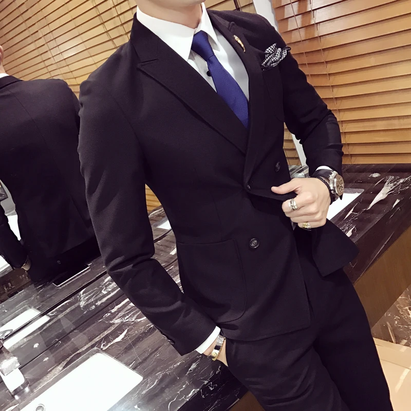 

Khaki Tuxedo Mens Suits Blazers With Pants Ternos Masculinos Slim Fit Men Double Breasted British Style Prom Suit