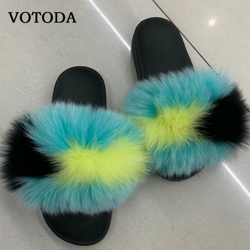 Mixed colors 21 Зимние пушистые меховые тапочки; женские шлепанцы из натурального Лисьего меха; смешанные пушистые меховые сандалии на плоской подошве; домашние тапочки; женские меховые Вьетнамки; плюшевая обувь - Цвет: Mixed colors 21
