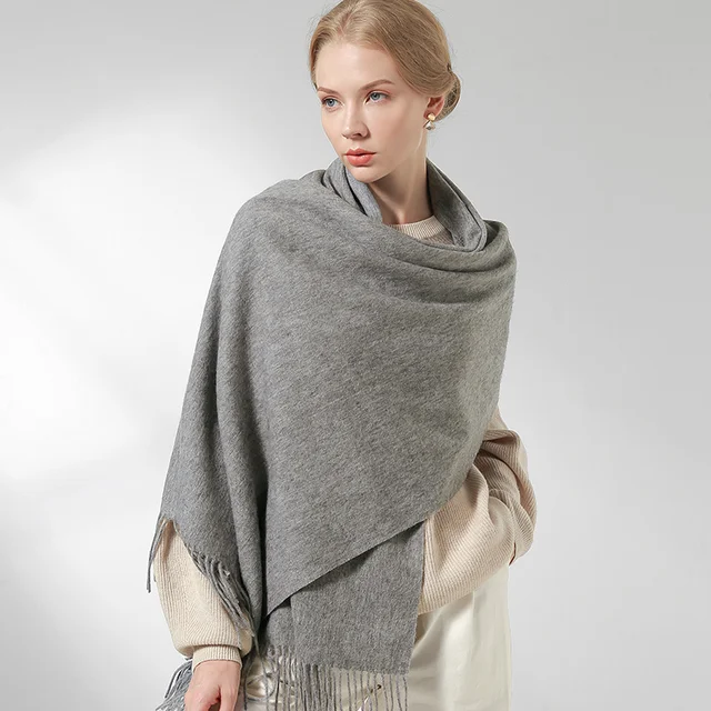 100% Real Wool Scarf Women Warm Shawls and Wraps for Ladies Stole Femme Solid Warps Winter Cashmere Wool Scarves Luxury Pashmina Grey