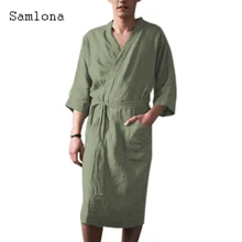 

Samlona Men Kimono Pajamas Open Stitch Outerwear with Belt Sexy Male Cardigan Pajamas Sleepwear Mens 3/4 Sleeve Bathing Clothes