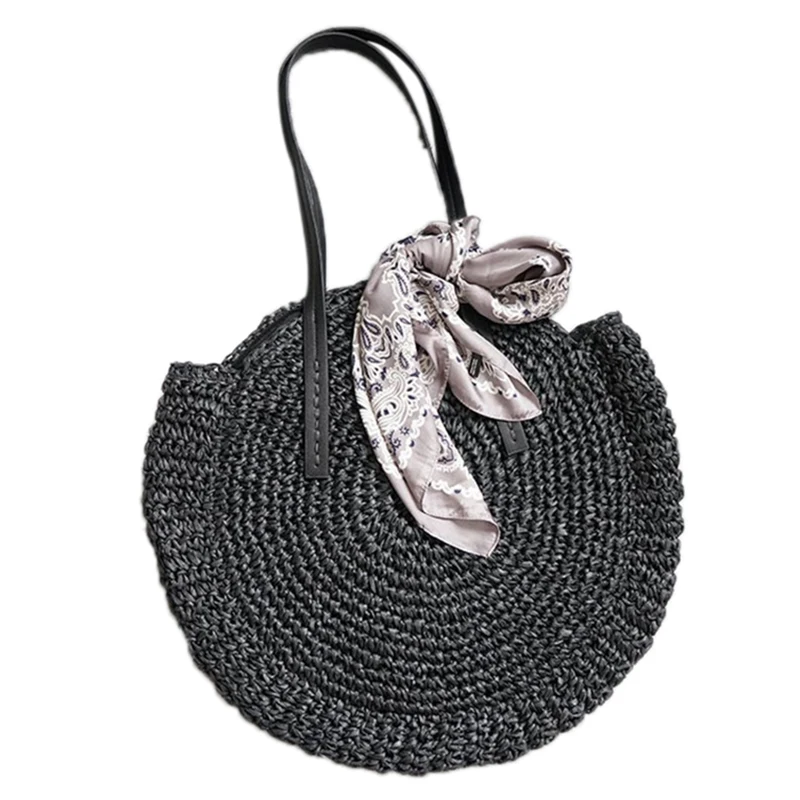 

New Round Straw Bag Beach Bag Woven Large Capacity Single Shoulder Hand Crochet Summer Girl Bag(Black)