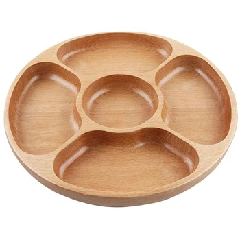 

New Wood Appetizers Serving Dish,Household 5 Compartments Snack Dry Fruit Plate Candy Tray - Round Divided Snack Plate Tray