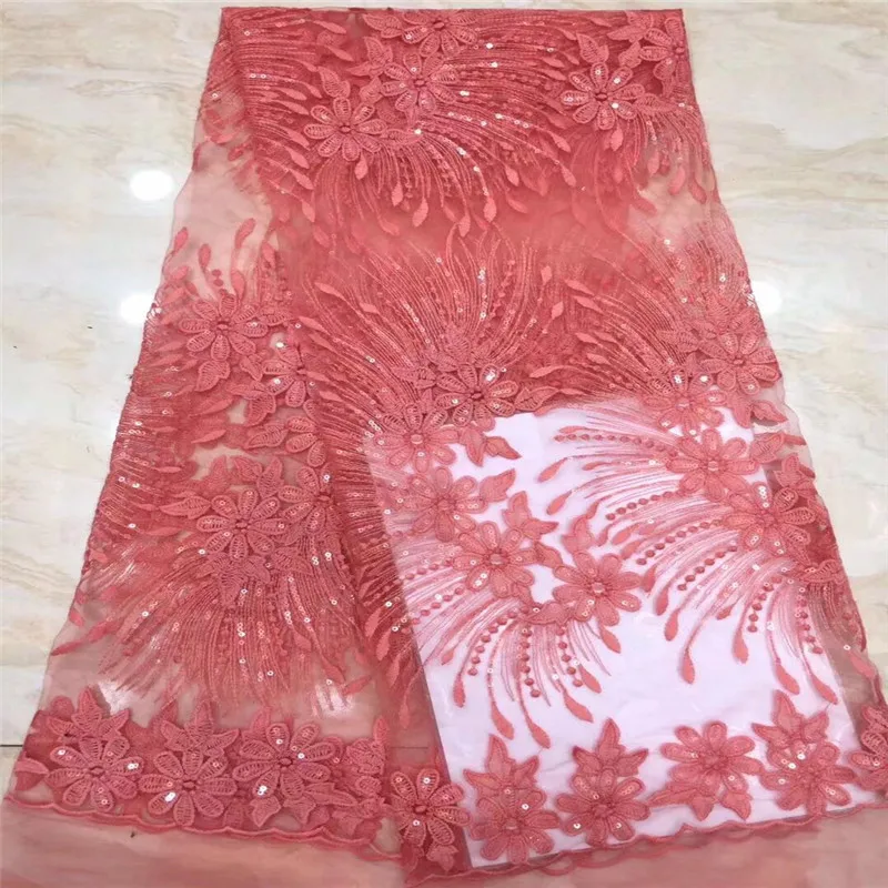 

Coral Beautiful French Tulle Lace Fabric High Quality Gold Nigerian Tulle Lace With Sequins African Net Lace For Women Dress