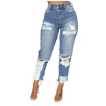 

Women Autumn Winter Jeans new Fashion Women High Waist Hole Jeans Button Pants Trousers Bell-bottom Pants K116