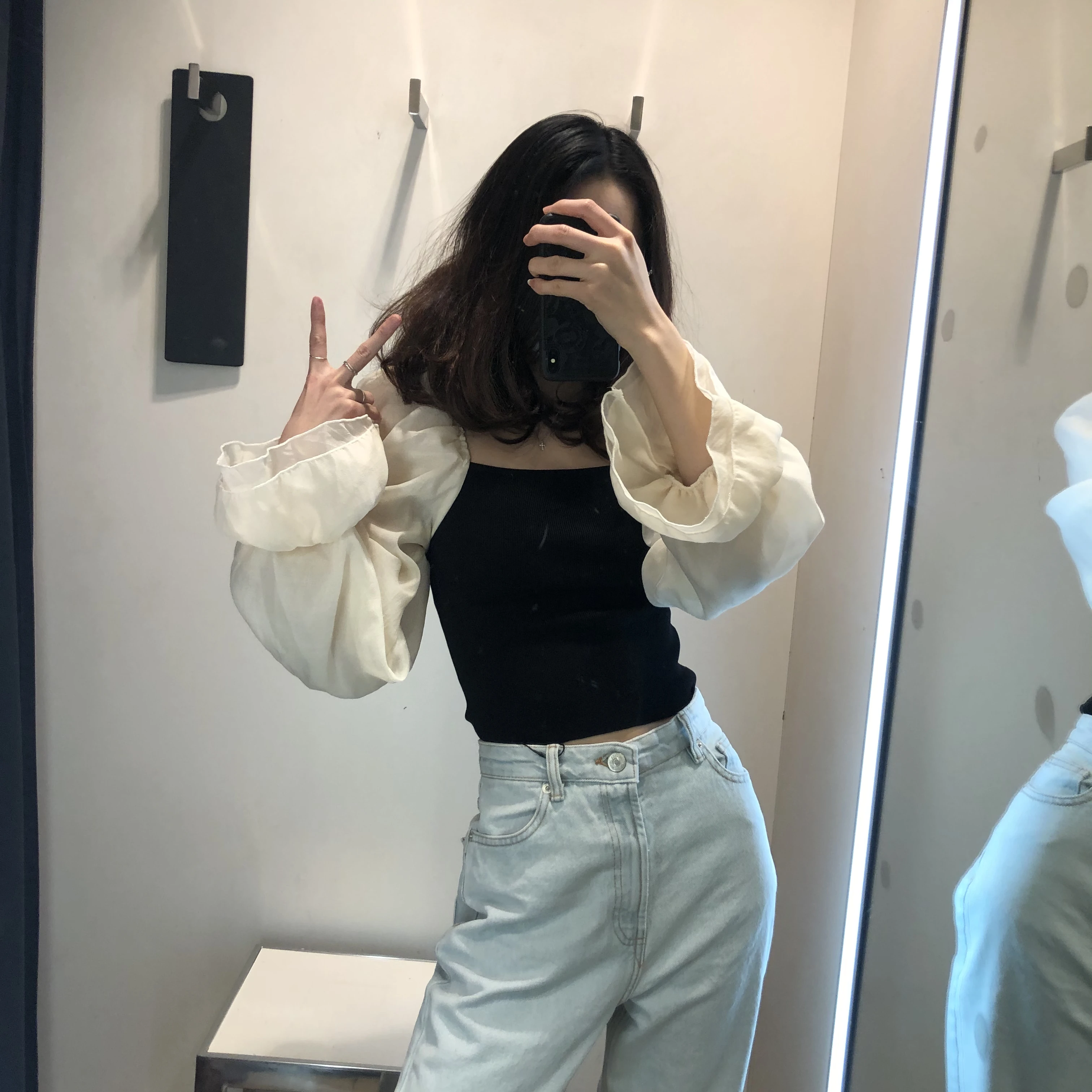 

Spring new French square neck puff sleeve mesh stitching thin knit sweater short top women