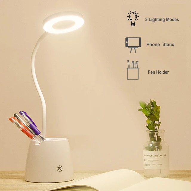 Lampe de Bureau LED Rechargeable 3 en 1 Éclairage Porte-Stylo et Support  Téléphone