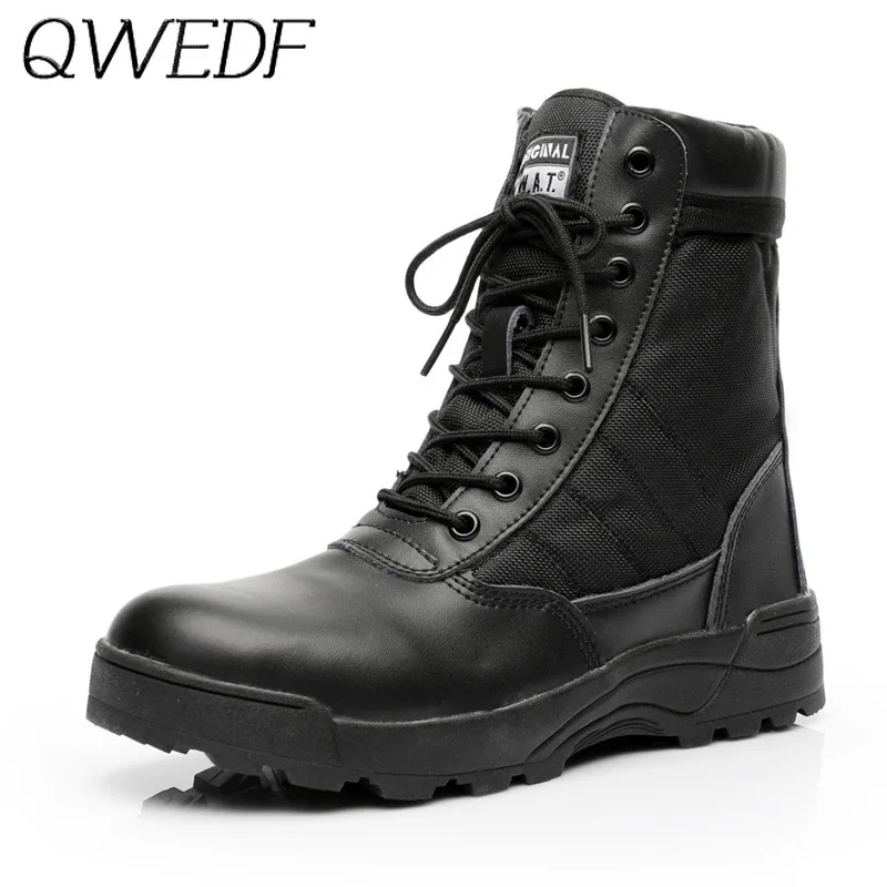 Günstige QWEDF Männer Taktische Militärische Armee Stiefel Atmungsaktive Leder Mesh High Top Casual Wüste Arbeit Schuhe Herren SWAT Ankle Kampf B4 49