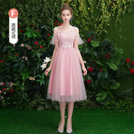 Pink F Beauty Emily/6 стилей, кружевное платье подружки невесты с круглым вырезом и аппликацией, фатиновые праздничные платья средней длины для свадьбы, плиссированное платье - Цвет: Pink F