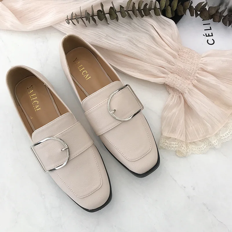 

2019 Metal Square Buckle Shoes Women Flat Square Head Low-Cut Small Leather Shoes Loafers Slip-on