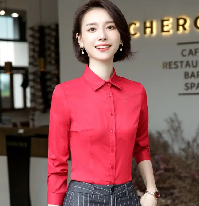 Fashion twill long sleeve shirt women new slim temperament formal cotton slim blouses office ladies business interview tops - Цвет: Red